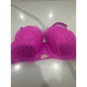 Victorias Secret Pink Lace Lightly Lined Push-Up Bra 32DD Adjustable Straps & Ho